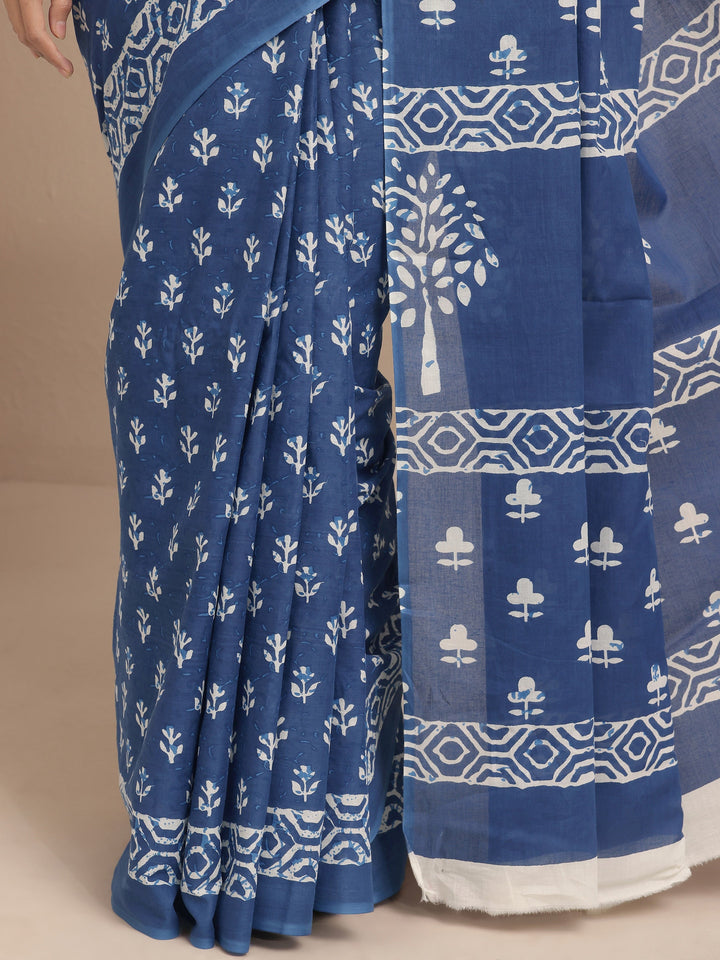 Blue Block Printed Cotton Saree With Unstitched Blouse Piece