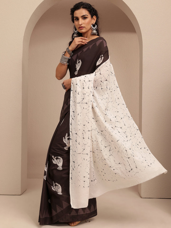 Brown Printed Cotton Saree With Unstitched Blouse Piece