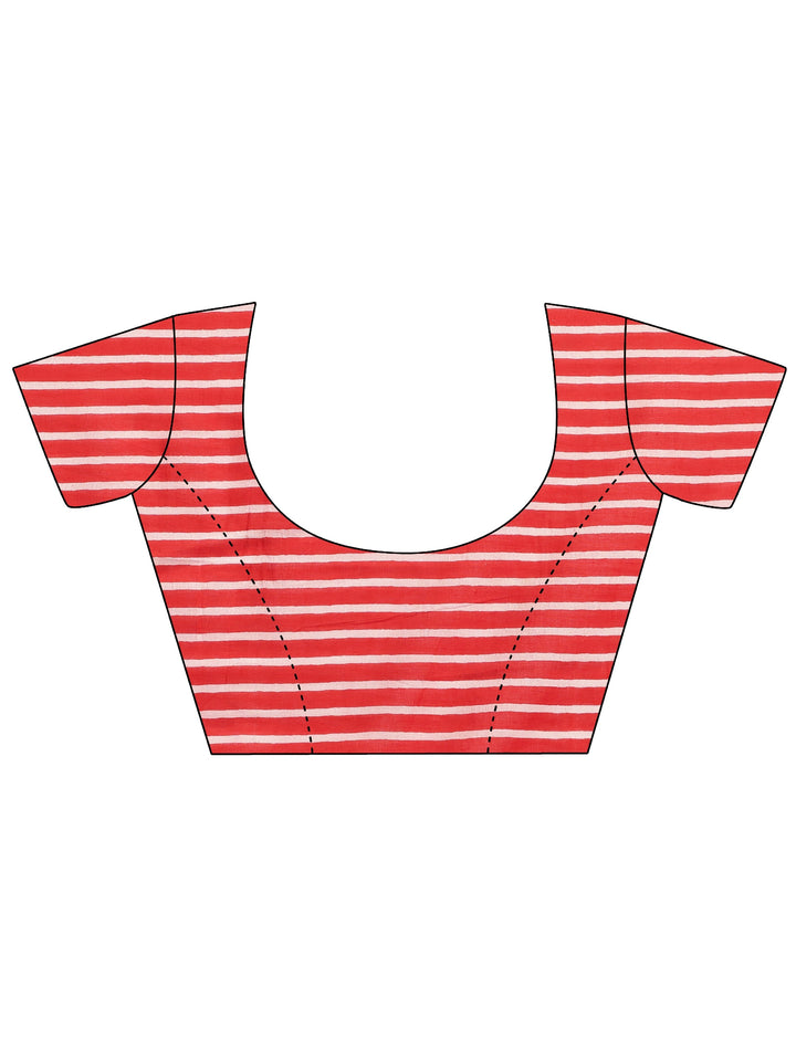 Red Printed Cotton Saree With Unstitched Blouse Piece