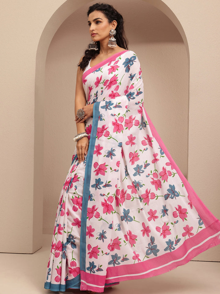 White Printed Cotton Saree With Unstitched Blouse Piece