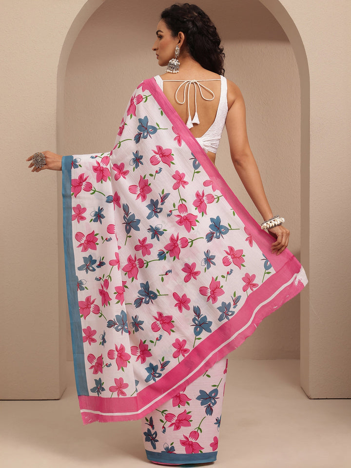 White Printed Cotton Saree With Unstitched Blouse Piece