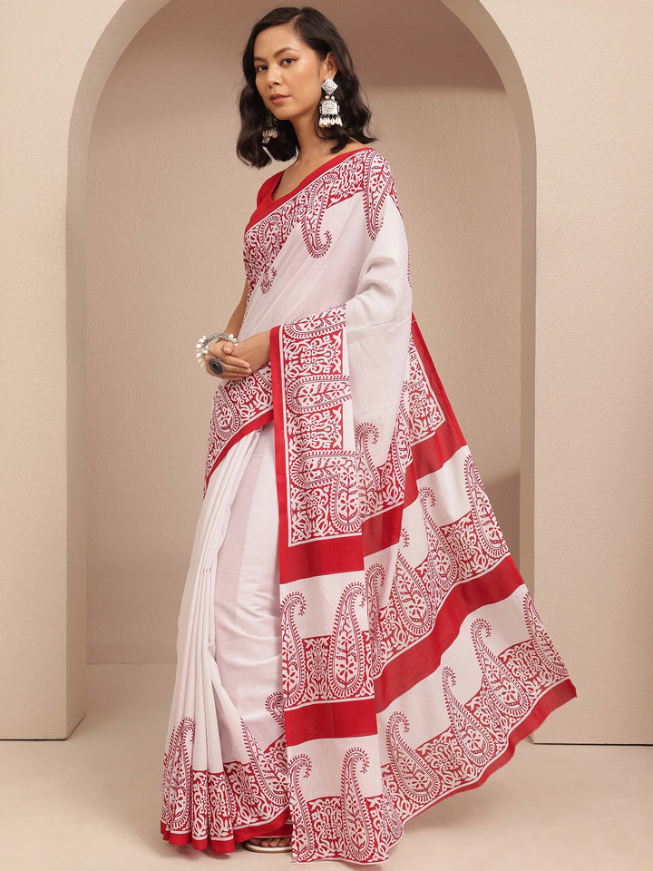Red Paisley Printed Cotton Saree With Unstitched Blouse Piece
