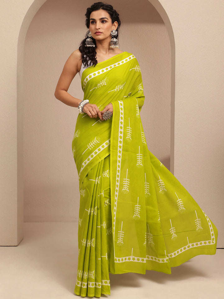 Lime Green Printed Cotton Saree With Unstitched Blouse Piece