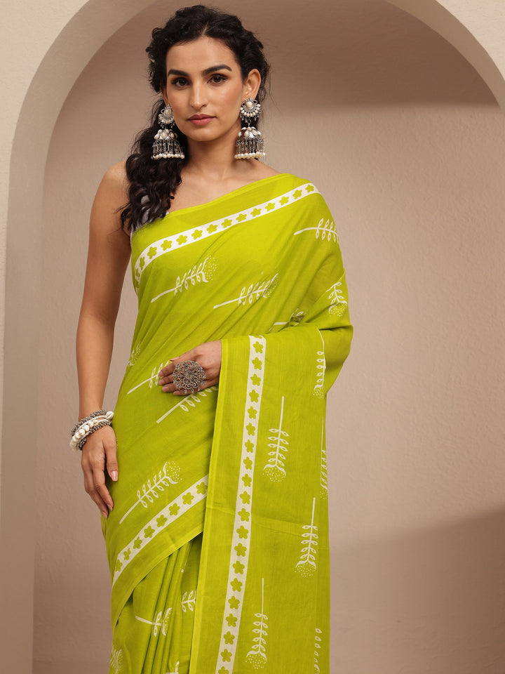 Lime Green Printed Cotton Saree With Unstitched Blouse Piece