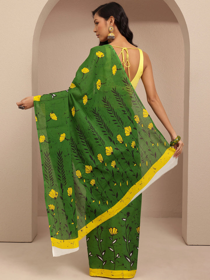 Green Printed Cotton Saree With Unstitched Blouse Piece