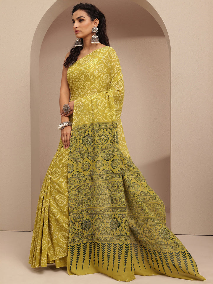 Yellow Bandhani Printed Cotton Saree With Unstitched Blouse Piece