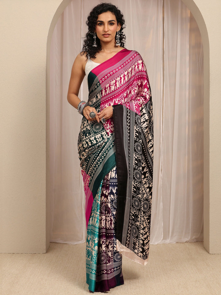 Multi Tribal Printed Silk Blend Saree With Unstitched Blouse Piece