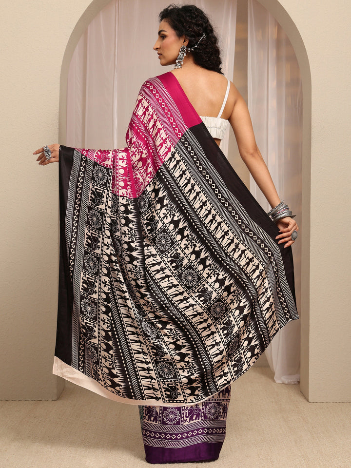 Multi Tribal Printed Silk Blend Saree With Unstitched Blouse Piece