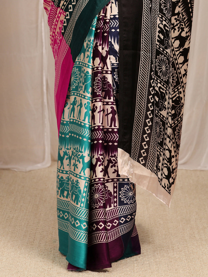 Multi Tribal Printed Silk Blend Saree With Unstitched Blouse Piece