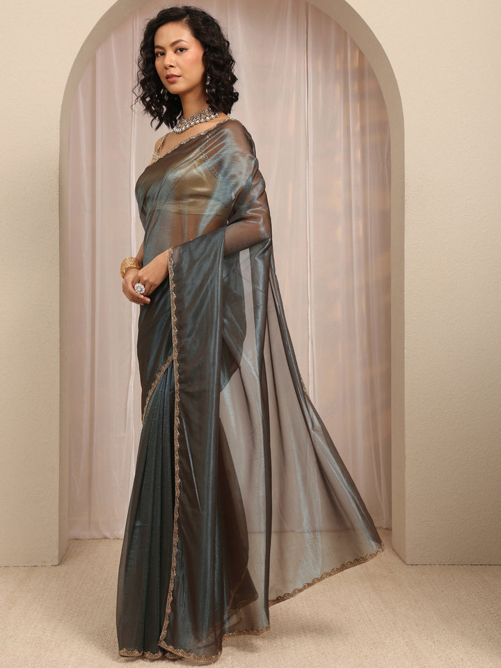 Green Woven Design Net Saree With Unstitched Blouse Piece