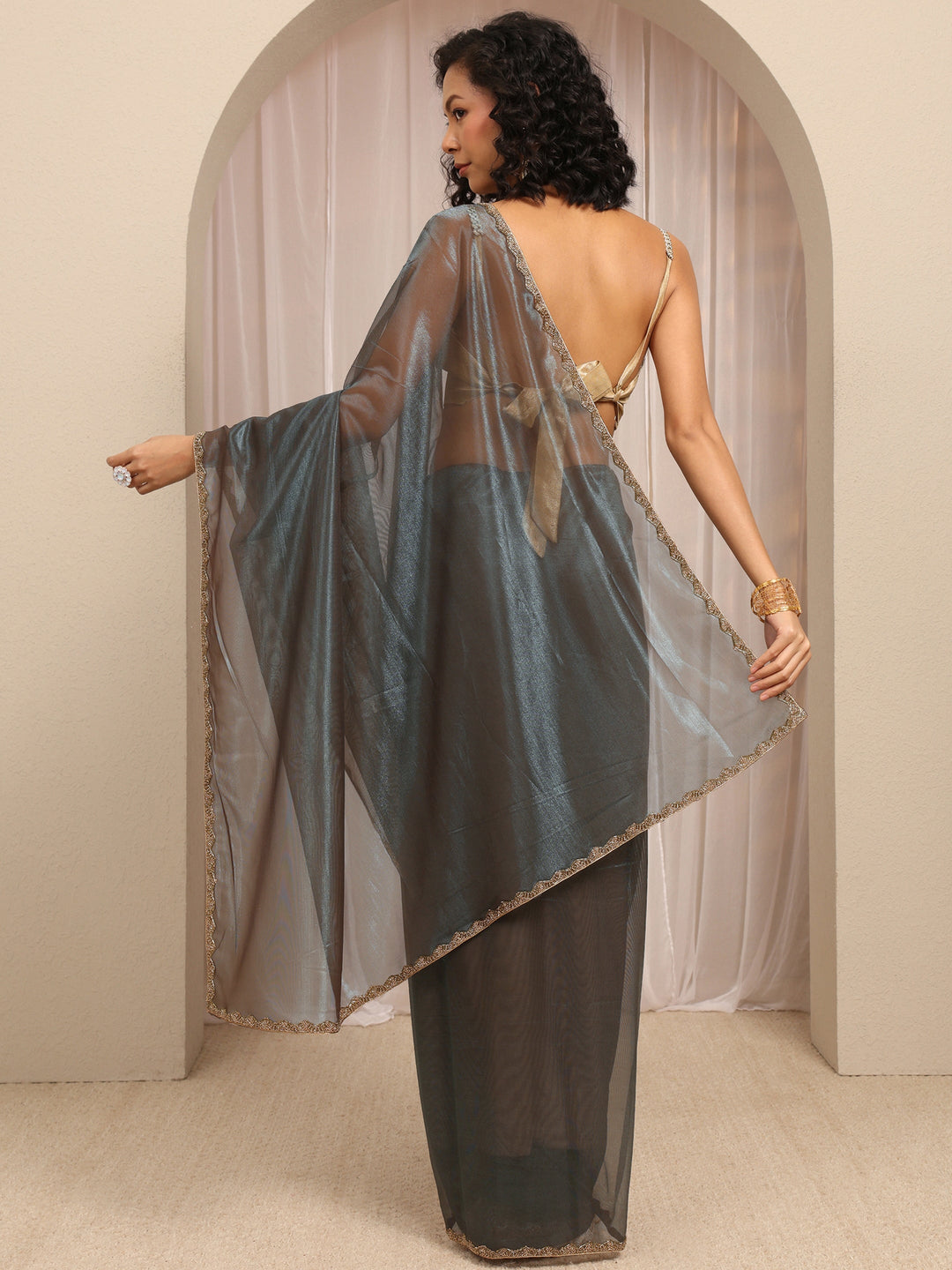 Green Woven Design Net Saree With Unstitched Blouse Piece