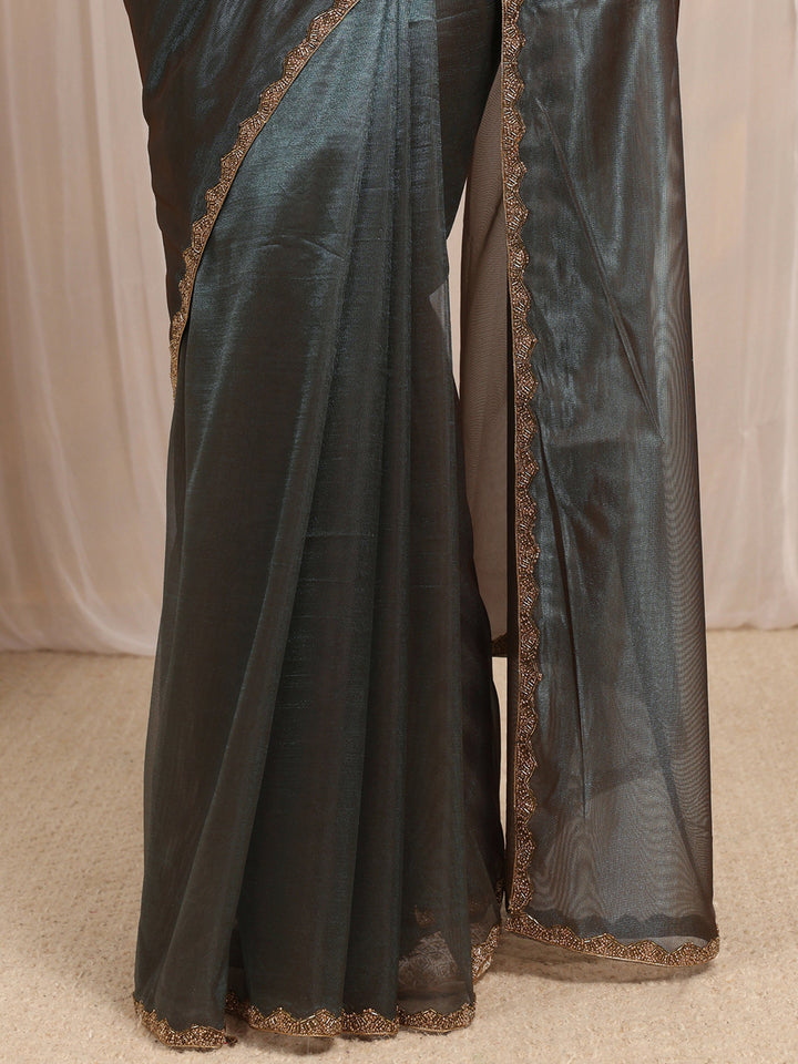 Green Woven Design Net Saree With Unstitched Blouse Piece