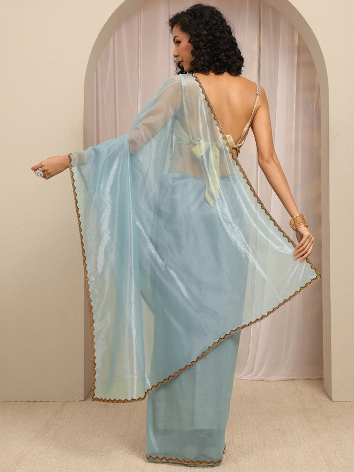 Blue Woven Design Net Saree With Unstitched Blouse Piece