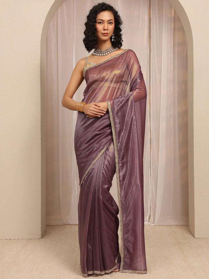 Purple Woven Design Net Saree With Unstitched Blouse Piece
