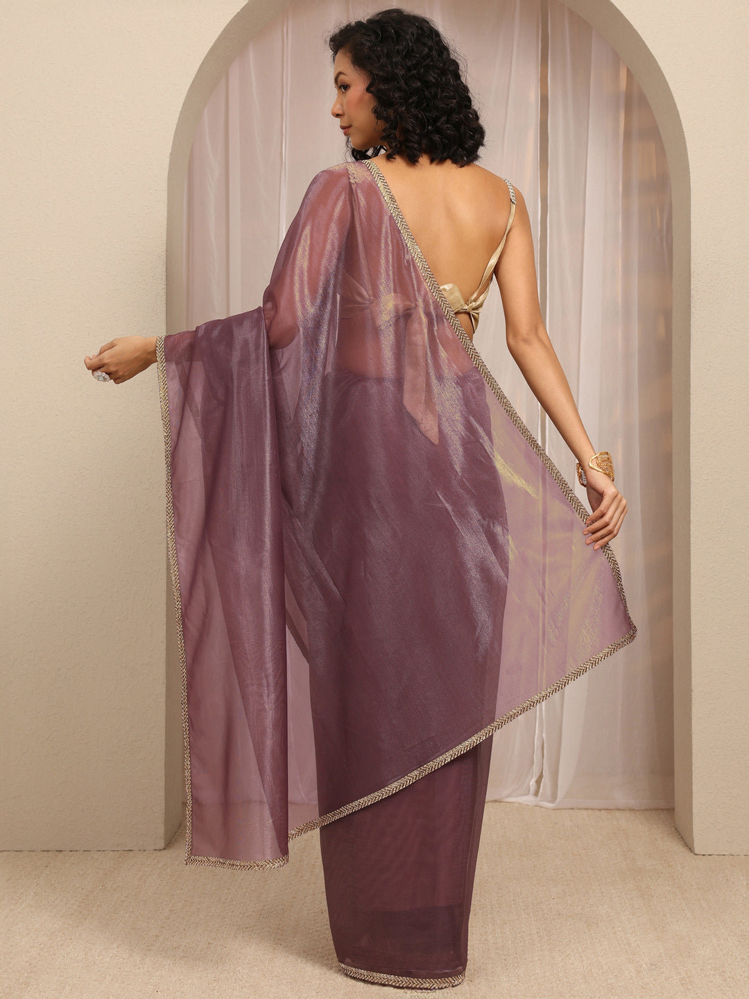 Purple Woven Design Net Saree With Unstitched Blouse Piece