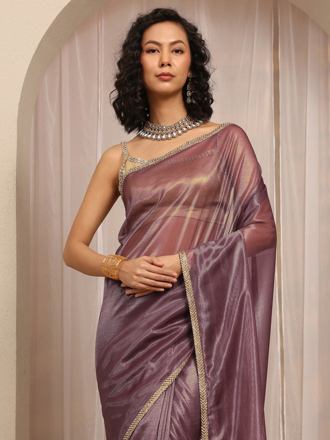 Purple Woven Design Net Saree With Unstitched Blouse Piece