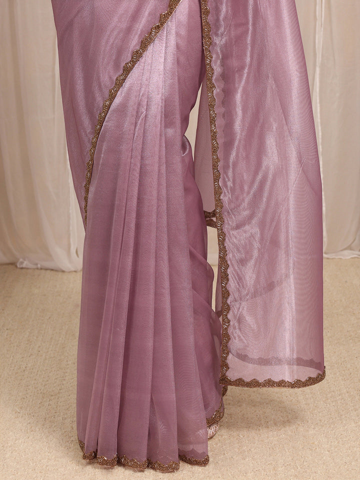 Lavender Woven Design Net Saree With Unstitched Blouse Piece