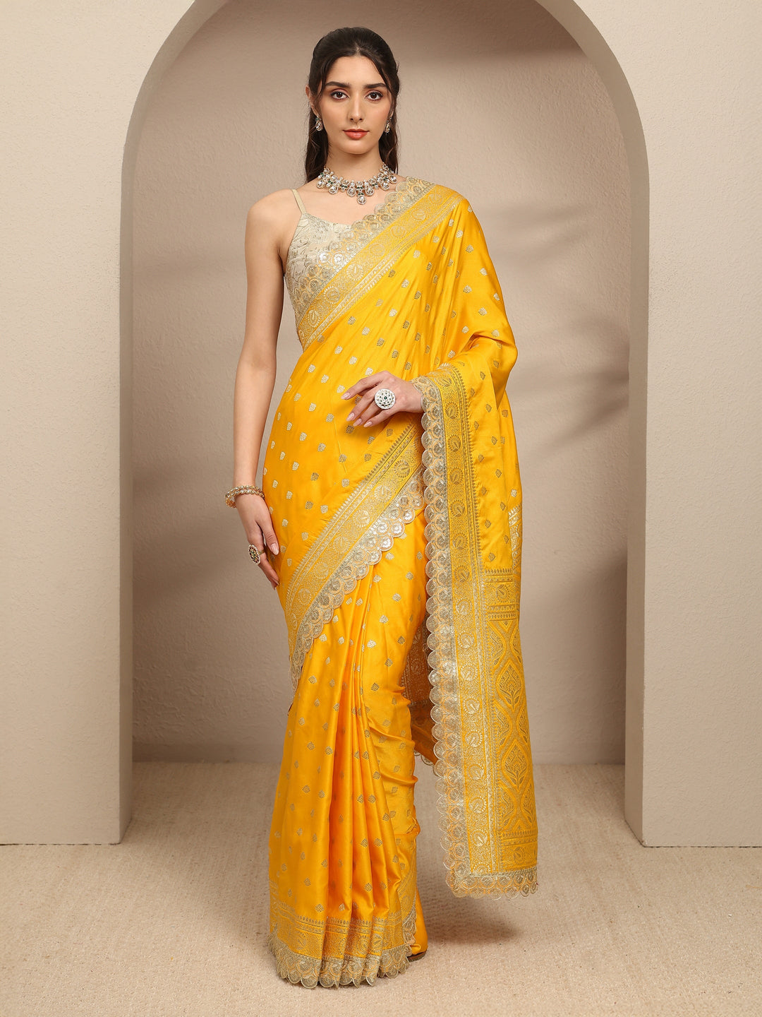 Mustard Ethnic Motifs Woven Design Silk Blend Saree With Unstitched Blouse Piece