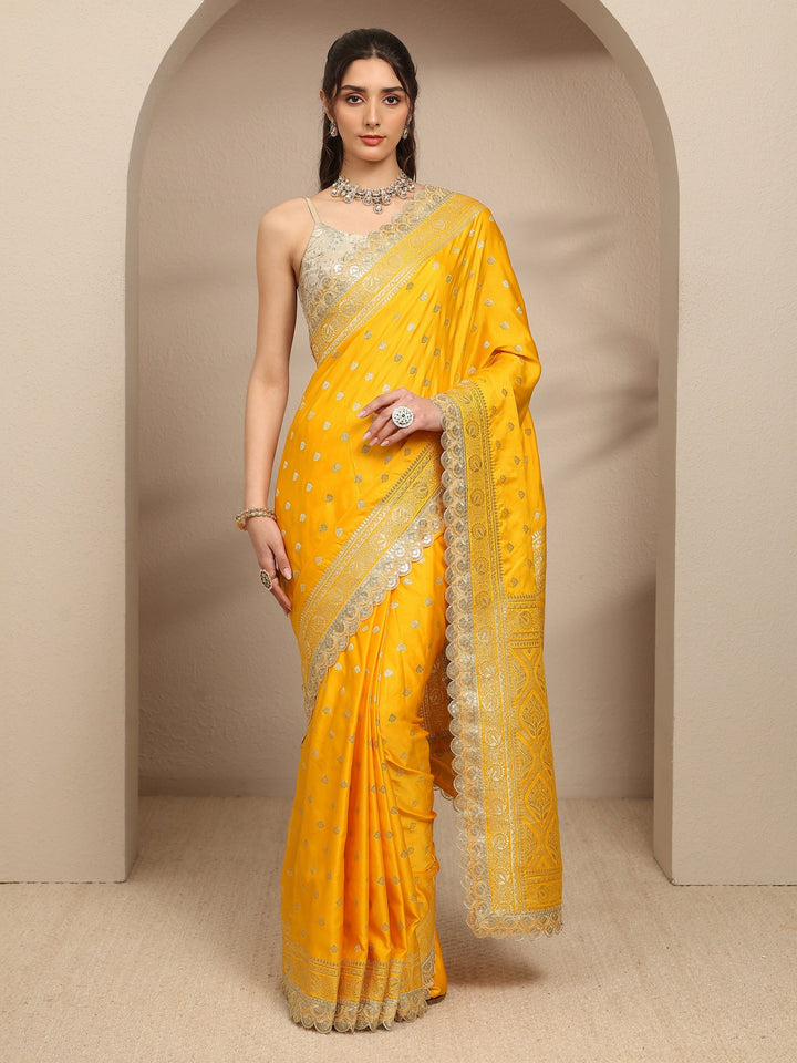 Mustard Ethnic Motifs Woven Design Silk Blend Saree With Unstitched Blouse Piece