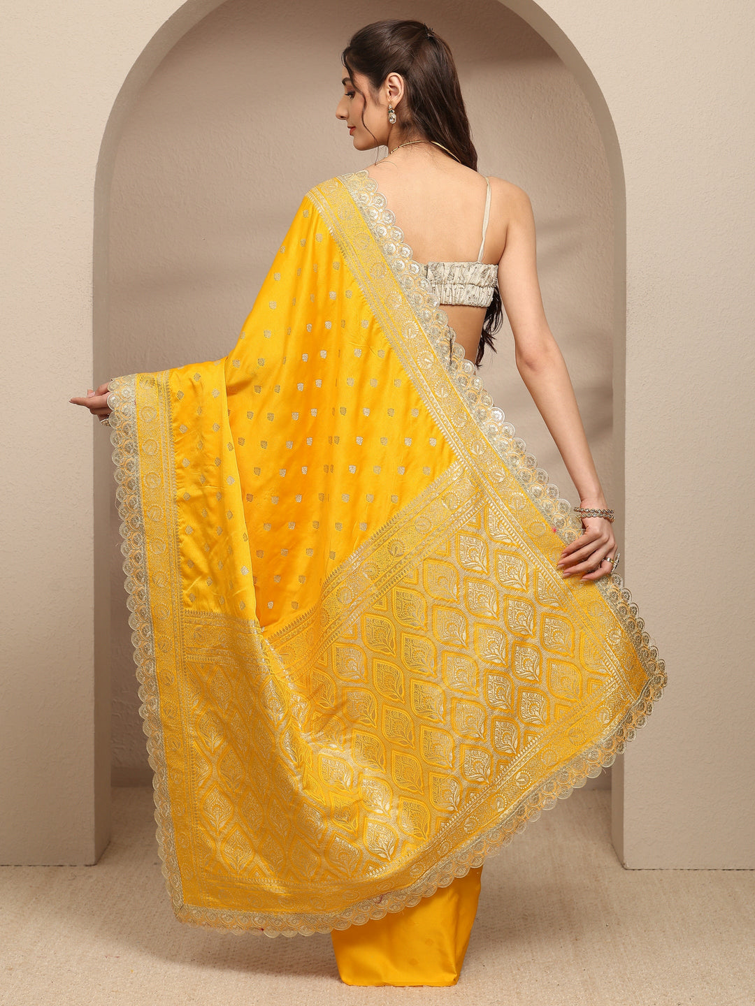 Mustard Ethnic Motifs Woven Design Silk Blend Saree With Unstitched Blouse Piece