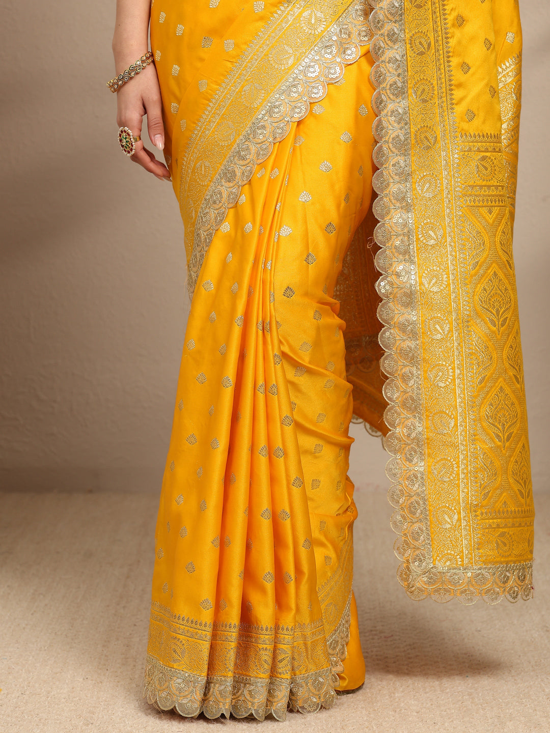 Mustard Ethnic Motifs Woven Design Silk Blend Saree With Unstitched Blouse Piece