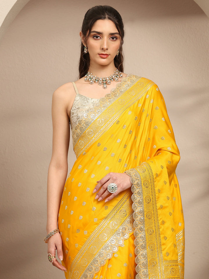 Mustard Ethnic Motifs Woven Design Silk Blend Saree With Unstitched Blouse Piece