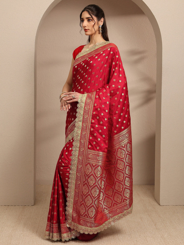 Red Ethnic Motifs Woven Design Silk Blend Saree With Unstitched Blouse Piece
