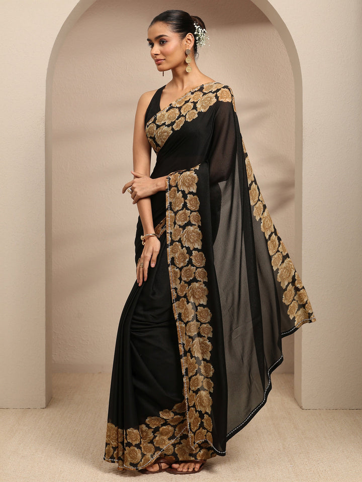 Black Ombre Solid Silk Blend Saree With Unstitched Blouse Piece