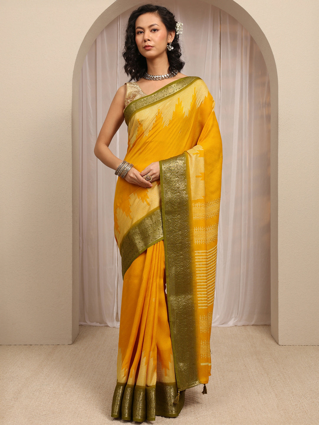 Mustard Woven Design Silk Blend Saree With Unstitched Blouse Piece