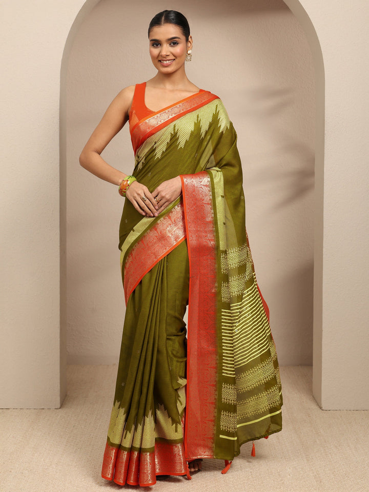 Green Ethnic Motifs Woven Design Silk Blend Saree With Unstitched Blouse Piece