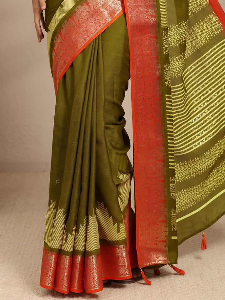 Green Ethnic Motifs Woven Design Silk Blend Saree With Unstitched Blouse Piece