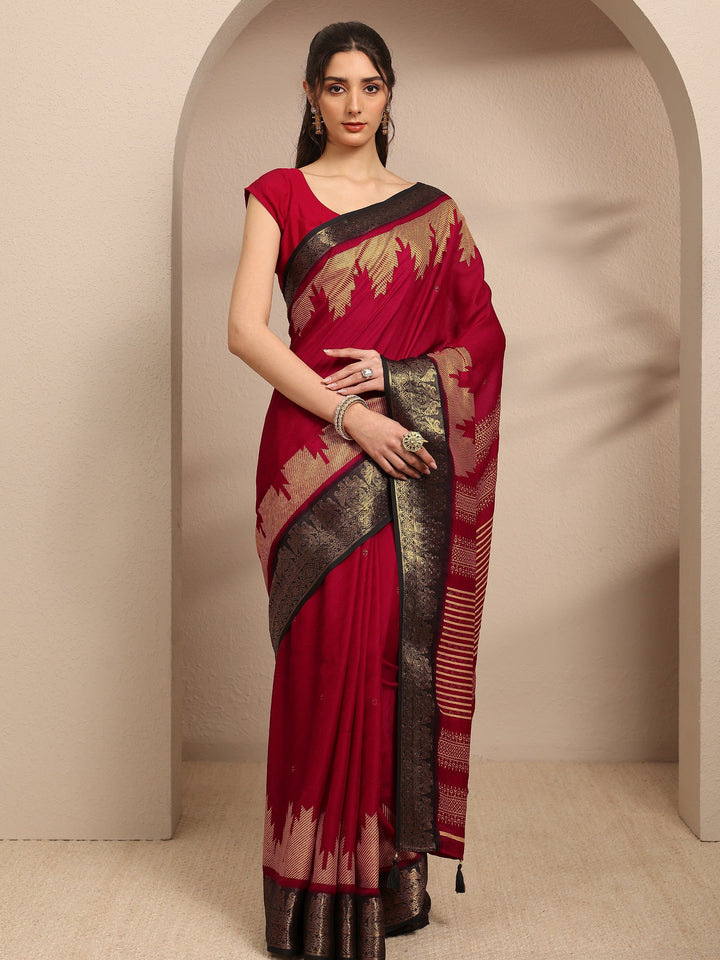 Red Ethnic Motifs Woven Design Silk Blend Saree With Unstitched Blouse Piece