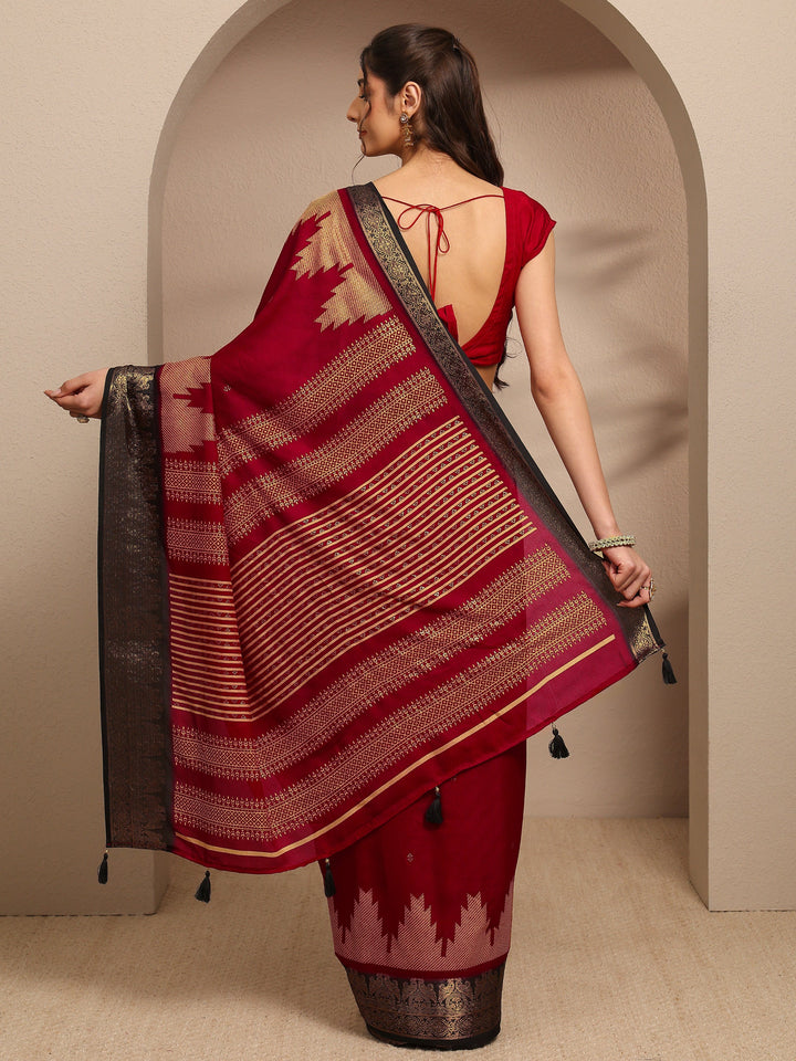 Red Ethnic Motifs Woven Design Silk Blend Saree With Unstitched Blouse Piece