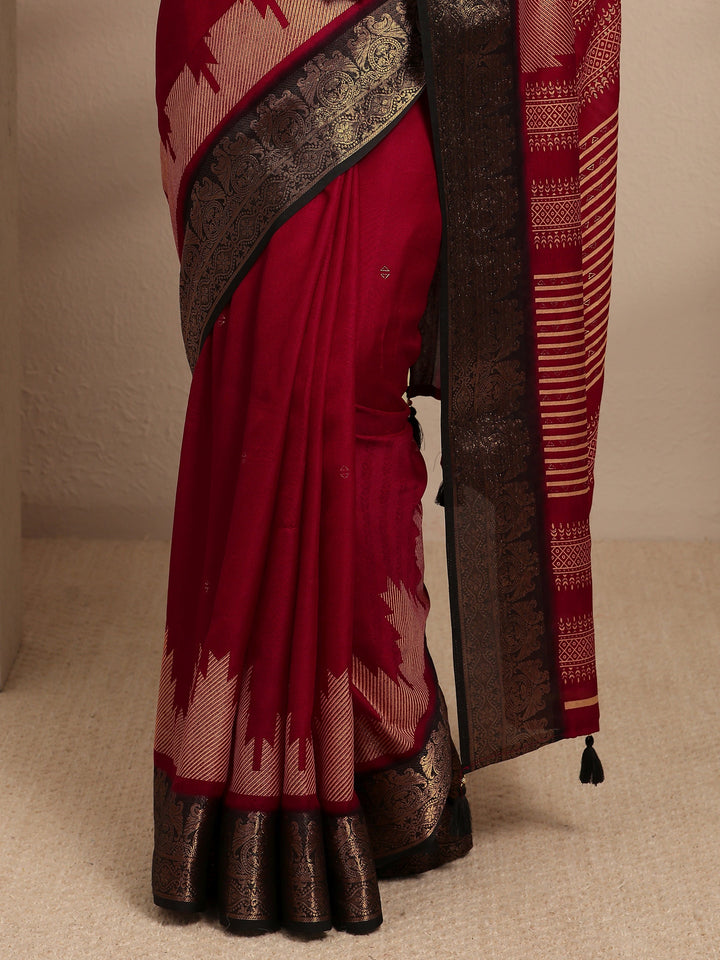 Red Ethnic Motifs Woven Design Silk Blend Saree With Unstitched Blouse Piece