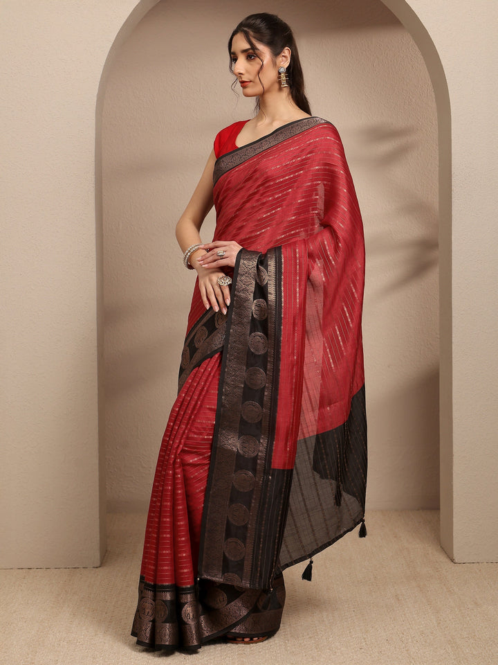 Red Ethnic Motifs Woven Design Silk Blend Saree With Unstitched Blouse Piece