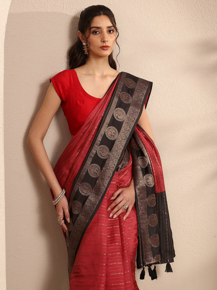 Red Ethnic Motifs Woven Design Silk Blend Saree With Unstitched Blouse Piece