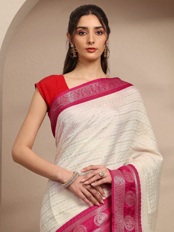Cream Ethnic Motifs Printed Silk Blend Saree With Unstitched Blouse Piece