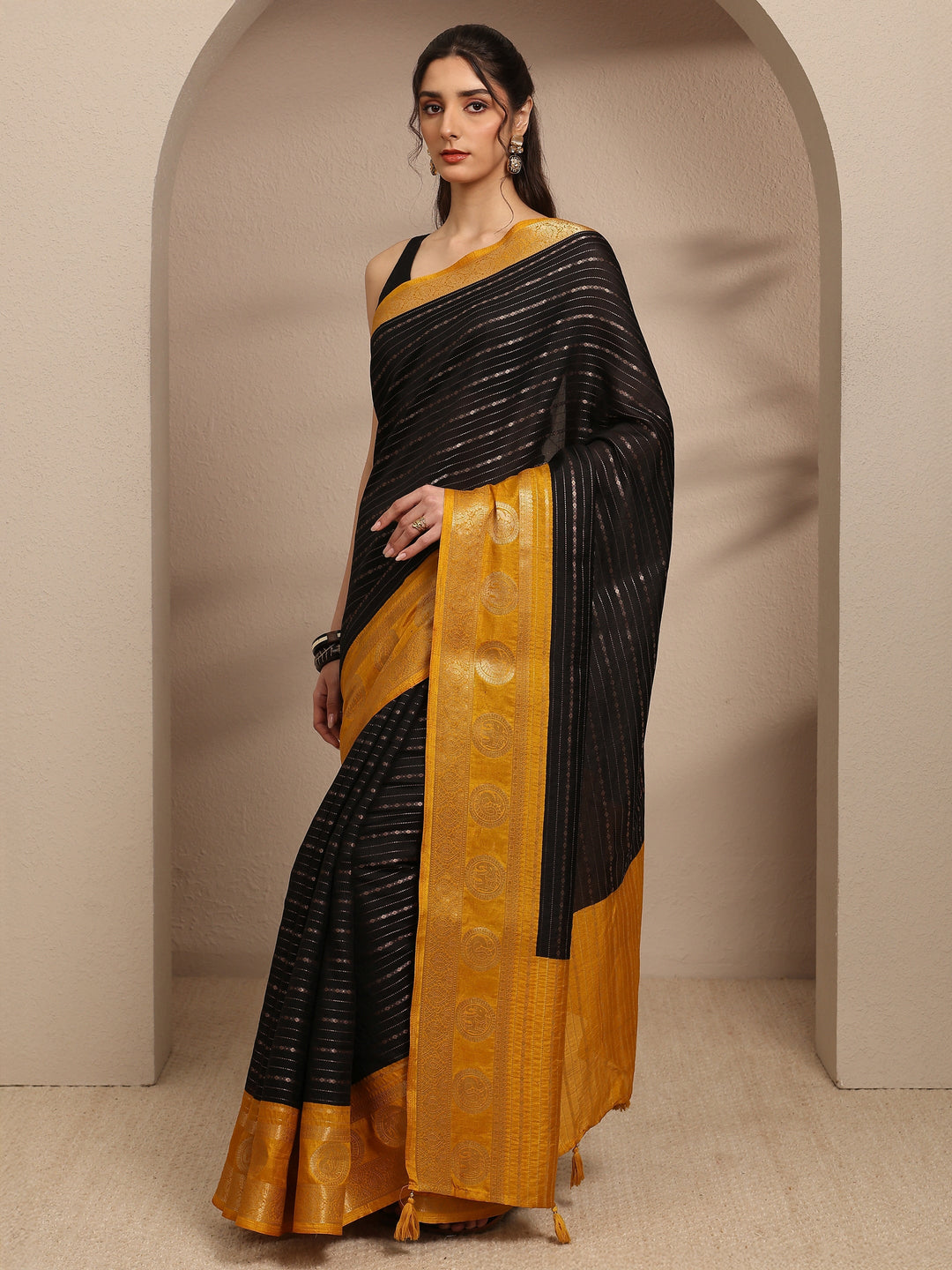 Black Ethnic Motifs Woven Design Silk Blend Saree With Unstitched Blouse Piece