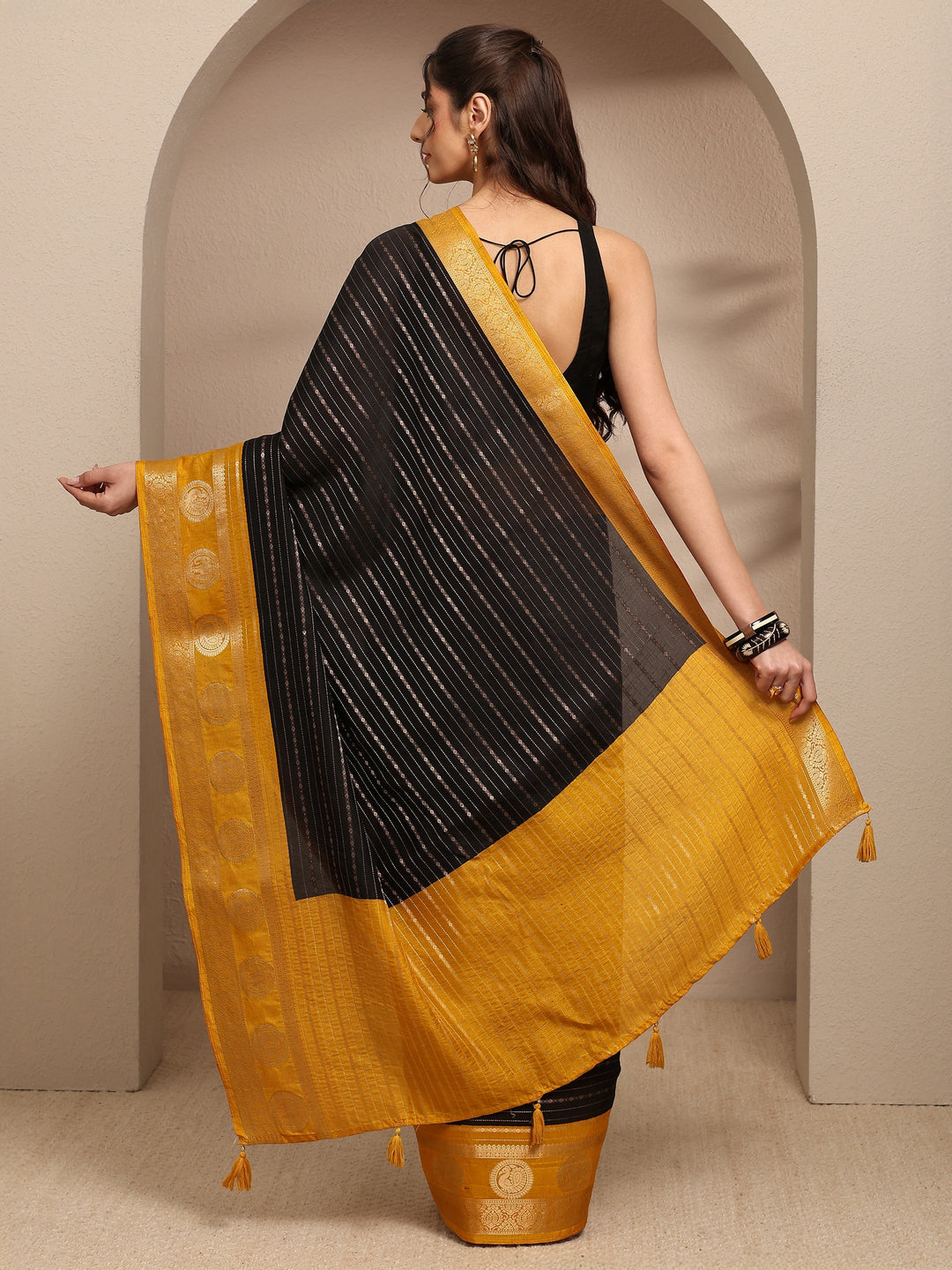 Black Ethnic Motifs Woven Design Silk Blend Saree With Unstitched Blouse Piece