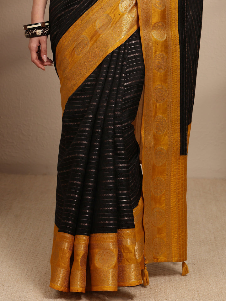 Black Ethnic Motifs Woven Design Silk Blend Saree With Unstitched Blouse Piece