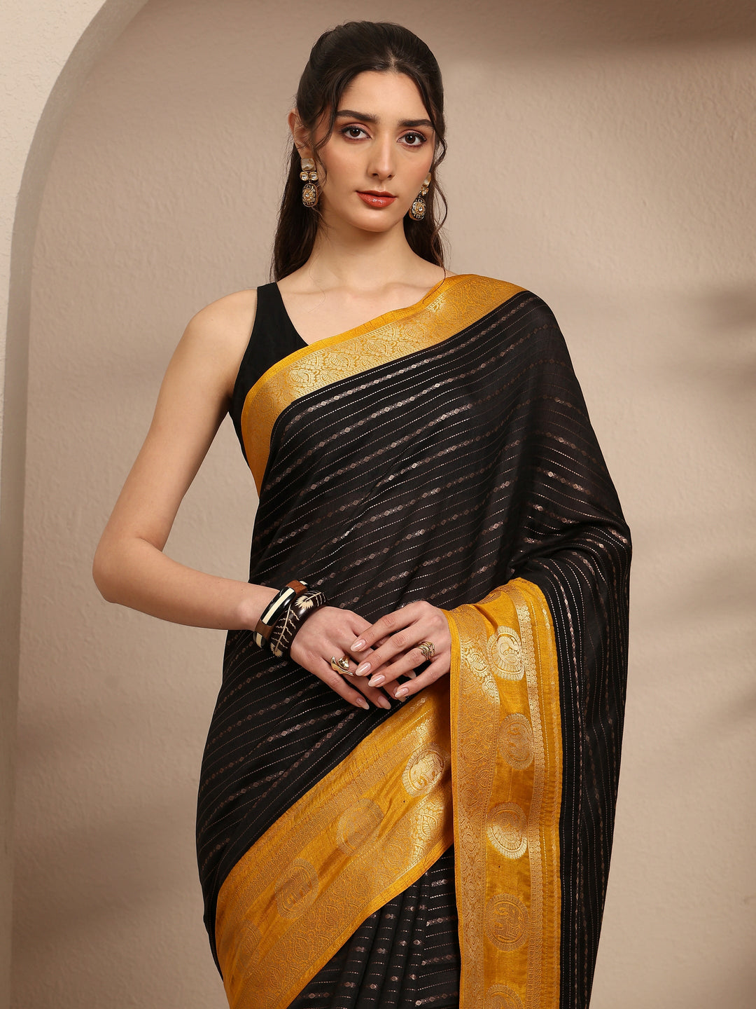 Black Ethnic Motifs Woven Design Silk Blend Saree With Unstitched Blouse Piece