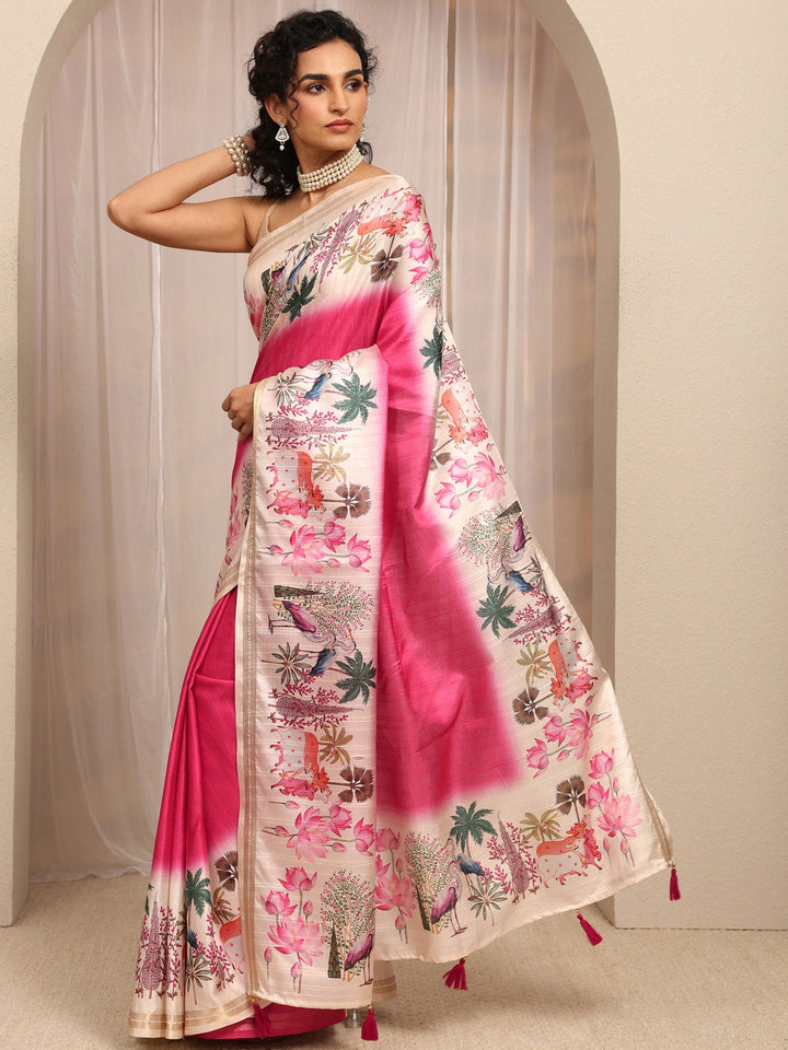 Pink Solid Silk Blend Saree With Unstitched Blouse Piece