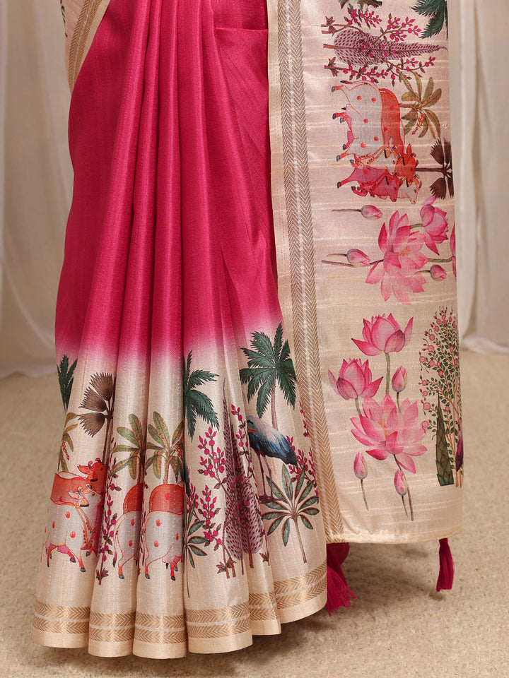 Pink Solid Silk Blend Saree With Unstitched Blouse Piece
