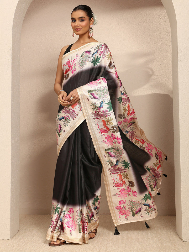 Black Ombre Solid Silk Blend Saree With Unstitched Blouse Piece