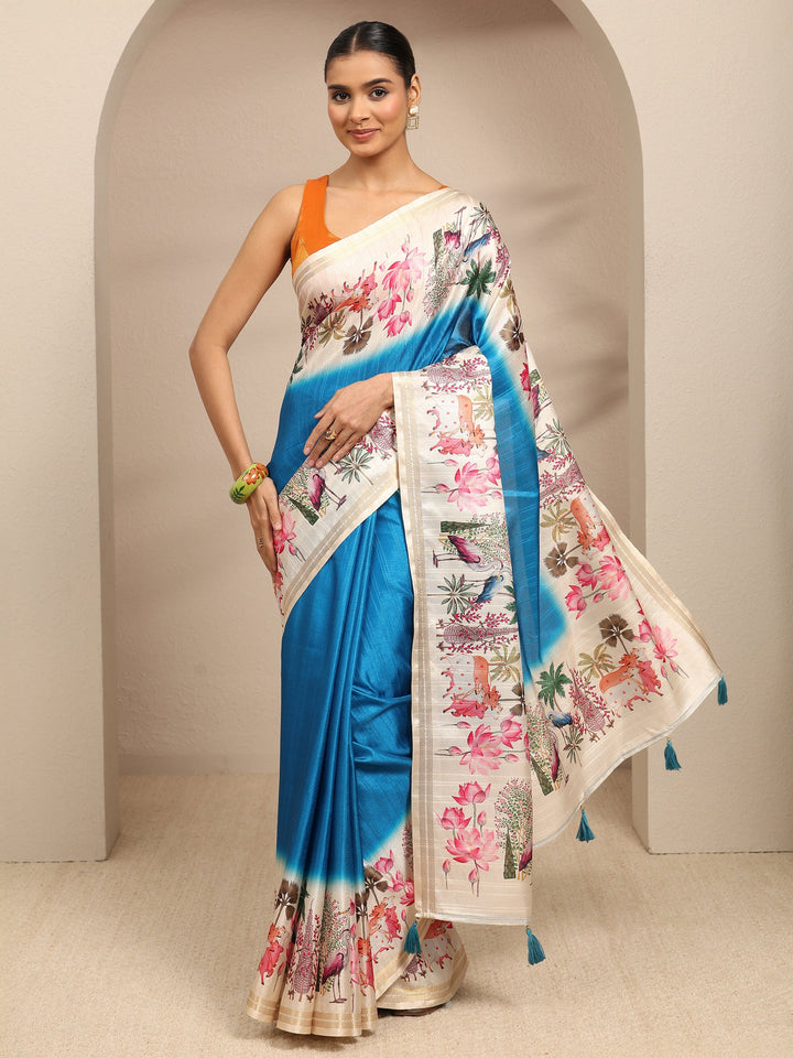 Blue Ombre Solid Silk Blend Saree With Unstitched Blouse Piece