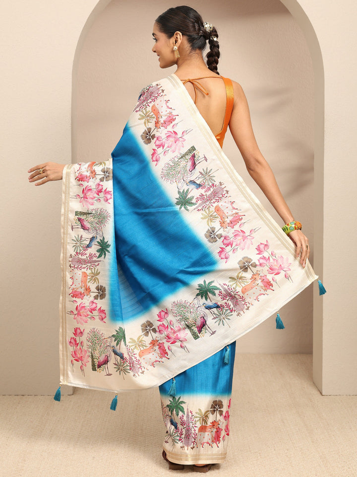 Blue Ombre Solid Silk Blend Saree With Unstitched Blouse Piece