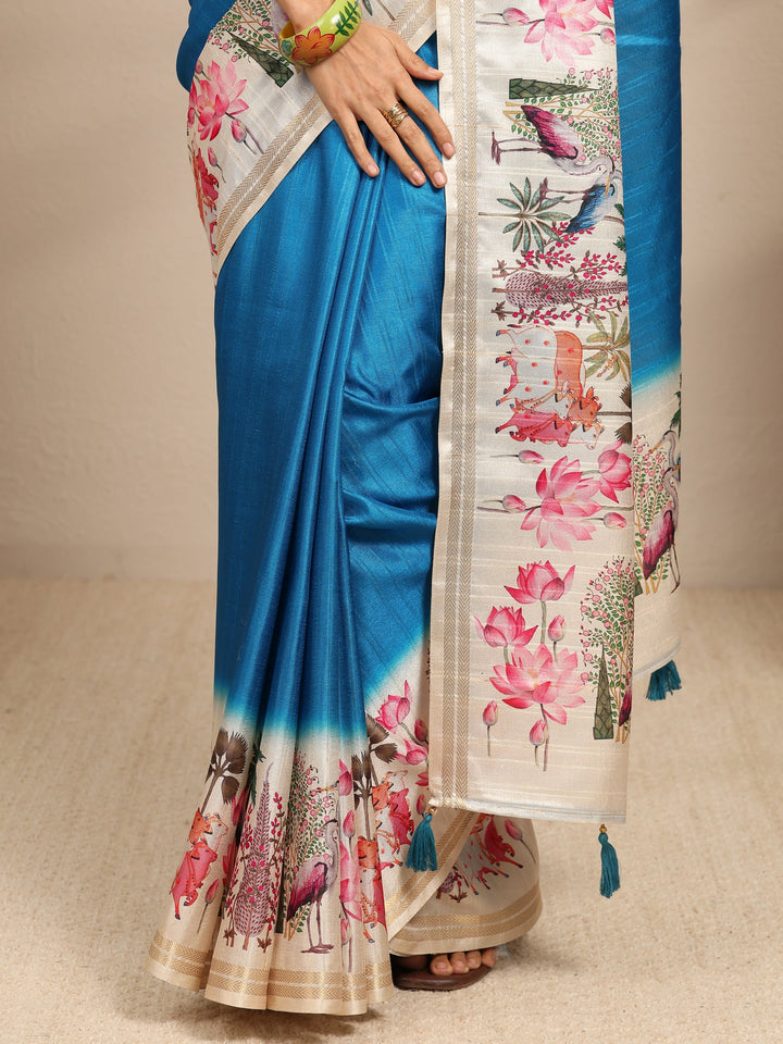 Blue Ombre Solid Silk Blend Saree With Unstitched Blouse Piece