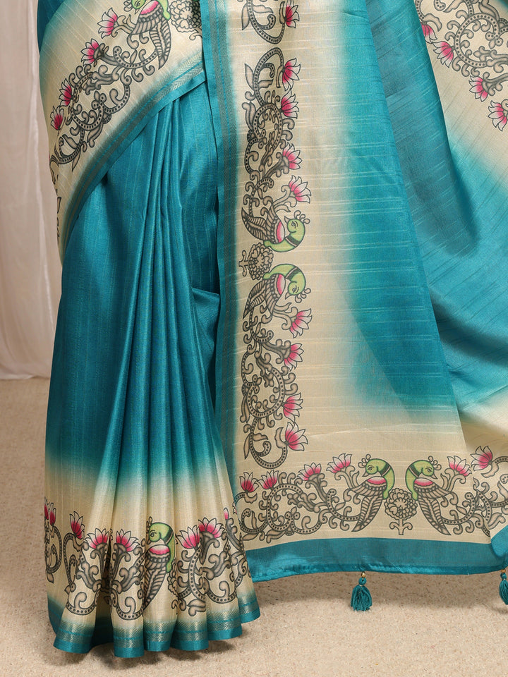 Blue Ombre Silk Blend Saree With Unstitched Blouse Piece