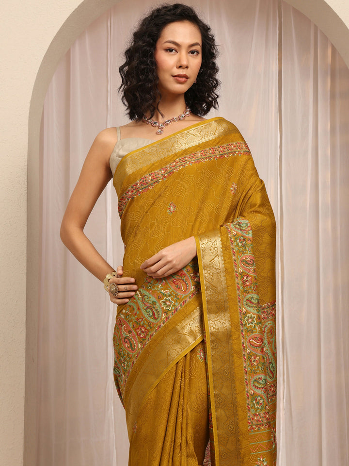 Mustard Paisley Printed Silk Blend Saree With Unstitched Blouse Piece