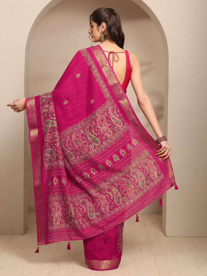 Pink Paisley Printed Silk Blend Saree With Unstitched Blouse Piece
